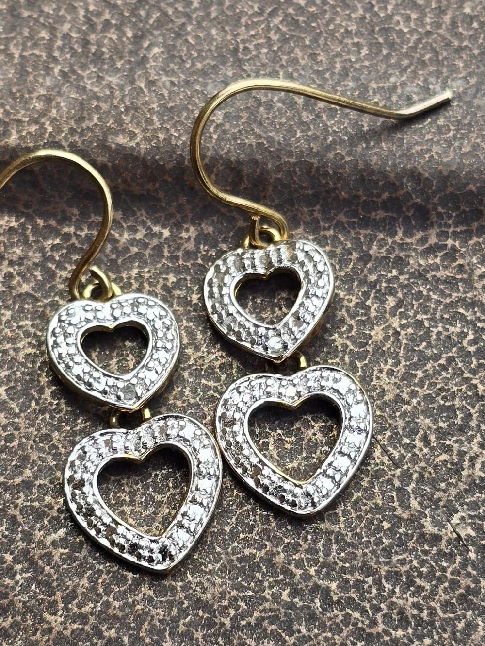 Fancy genuine diamond 925 sterling silver gold vermeil double heart dangle earri